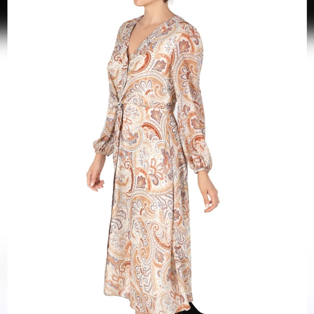 Paisley Tie Waist Midi Dress with Pockets Size 16 Full Button Front Floral Boho
